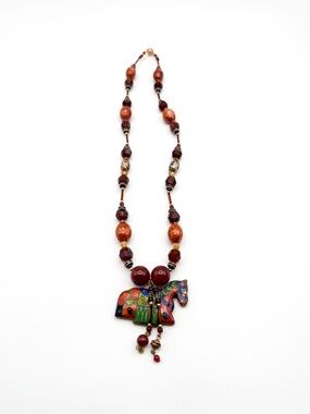 Vintage Rare Cloisonné and Glass Bead Horse Pendant Necklace